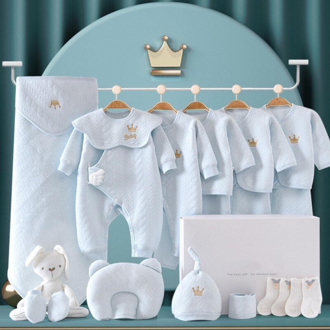 Luksus Baby Gavesæt: Bløde bodys i blå, gul, rosa, hvid, hyggelig tæppe, søde huer & plyslegetøj.