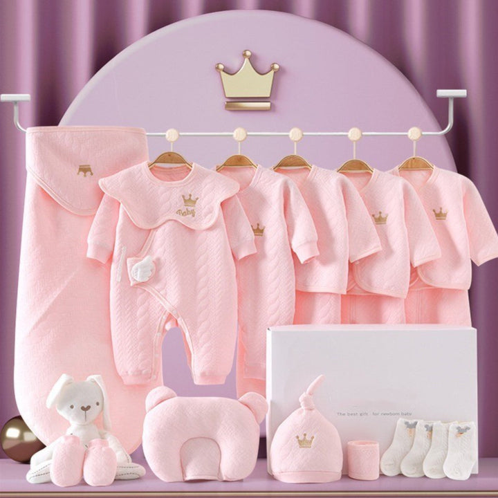 Luksus Baby Gavesæt: Bløde bodys i blå, gul, rosa, hvid, hyggelig tæppe, søde huer & plyslegetøj.