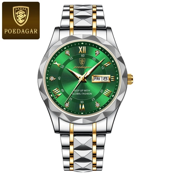 Luksus herrearmbåndsur, vandtæt med lysende urskive og guldfarvet bezel, perfekt til elegance og funktionalitet.