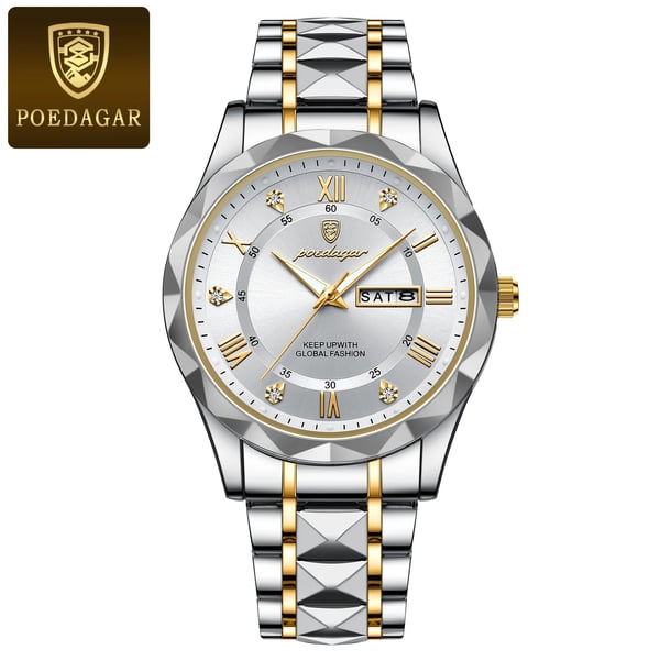 Luksus herrearmbåndsur, vandtæt med lysende urskive og guldfarvet bezel, perfekt til elegance og funktionalitet.