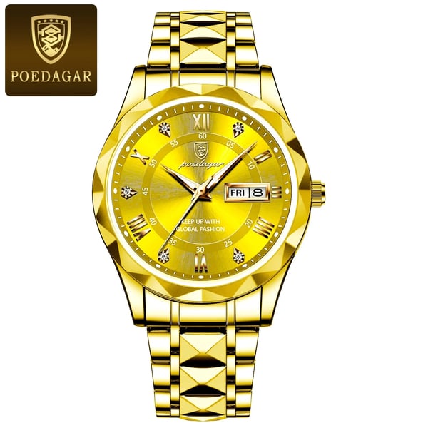 Luksus herrearmbåndsur, vandtæt med lysende urskive og guldfarvet bezel, perfekt til elegance og funktionalitet.