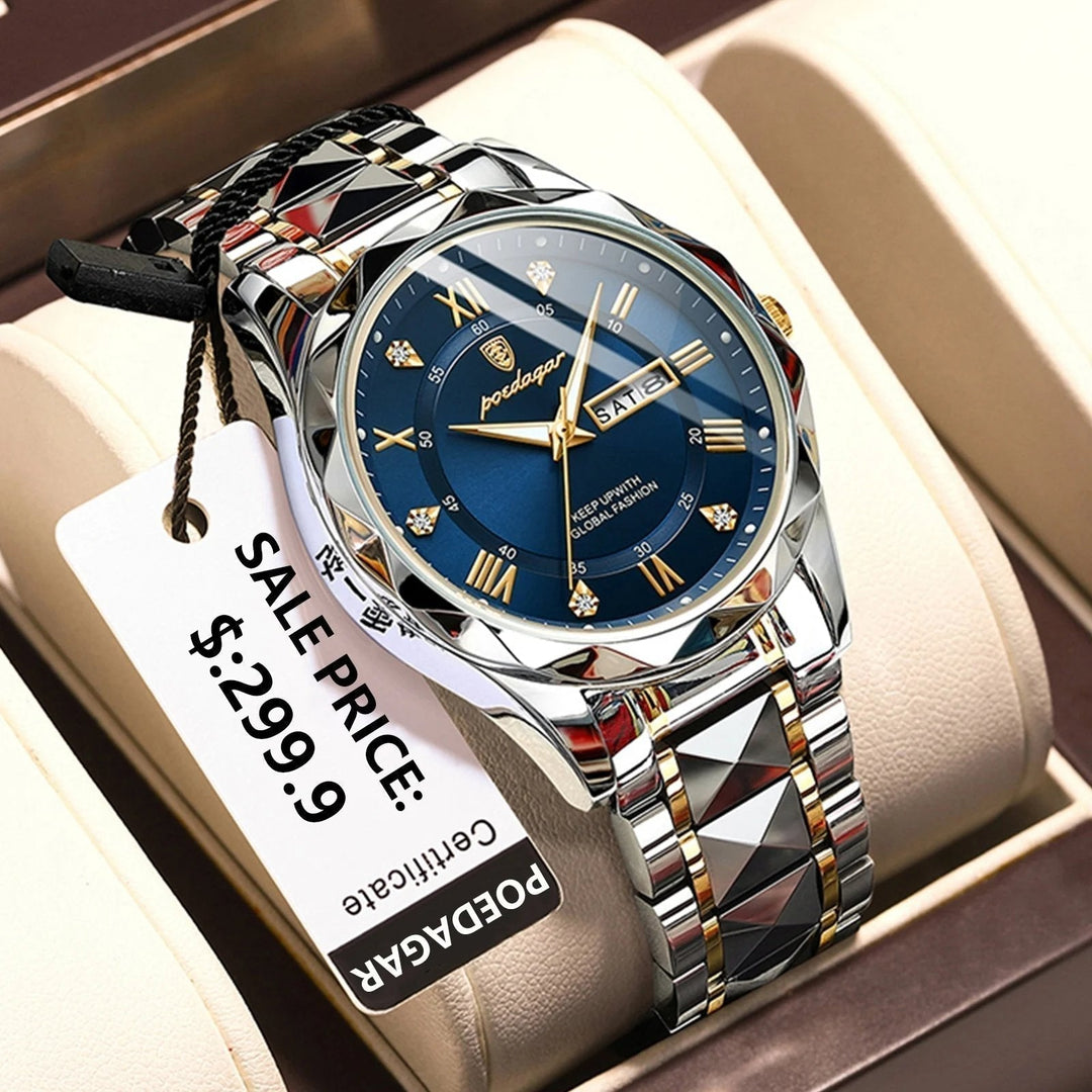 Luksus herrearmbåndsur, vandtæt med lysende urskive og guldfarvet bezel, perfekt til elegance og funktionalitet.