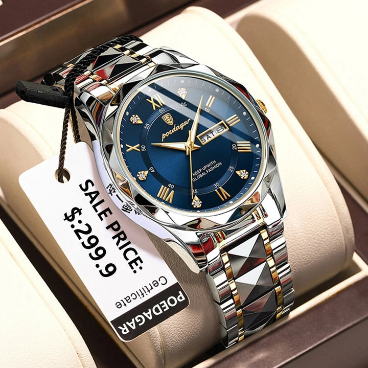 Luksus herrearmbåndsur, vandtæt med lysende urskive og guldfarvet bezel, perfekt til elegance og funktionalitet.