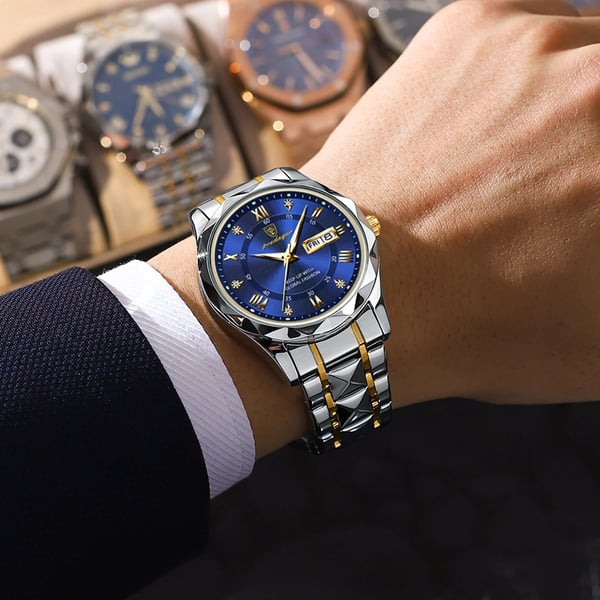 Luksus herrearmbåndsur, vandtæt med lysende urskive og guldfarvet bezel, perfekt til elegance og funktionalitet.