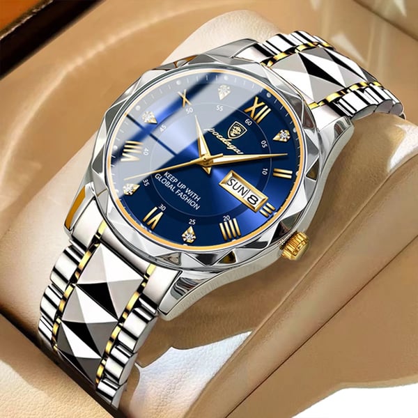 Luksus herrearmbåndsur, vandtæt med lysende urskive og guldfarvet bezel, perfekt til elegance og funktionalitet.