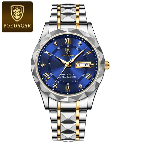 Luksus herrearmbåndsur, vandtæt med lysende urskive og guldfarvet bezel, perfekt til elegance og funktionalitet.