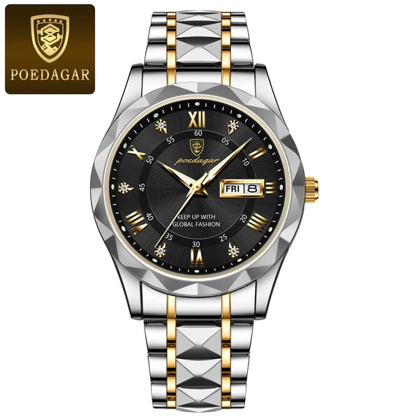 Luksus herrearmbåndsur, vandtæt med lysende urskive og guldfarvet bezel, perfekt til elegance og funktionalitet.