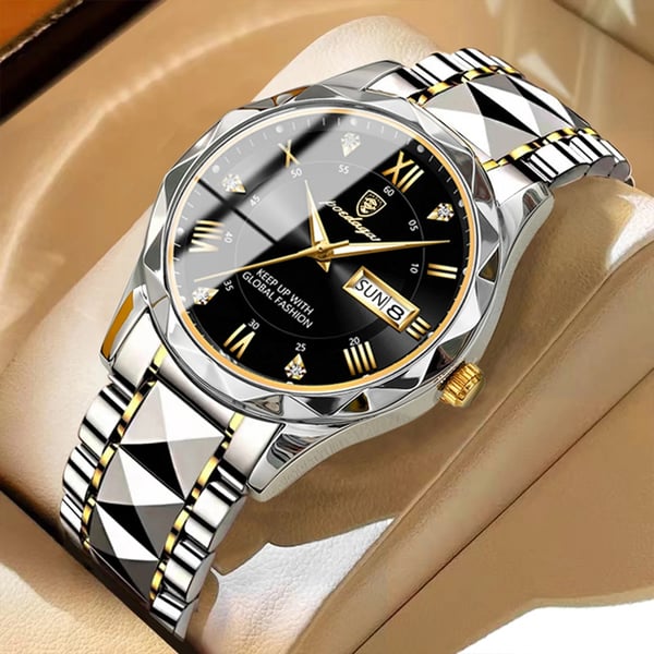 Luksus herrearmbåndsur, vandtæt med lysende urskive og guldfarvet bezel, perfekt til elegance og funktionalitet.