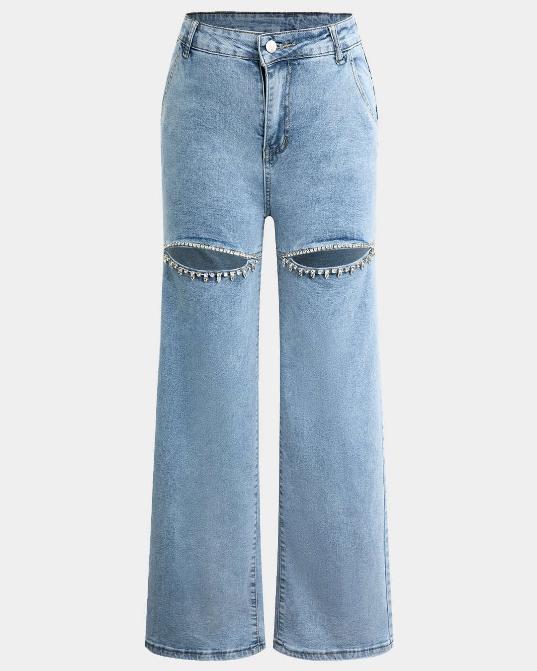 Lyseblå højtaljede wide leg jeans til damer med rå slid. Trendy og casual damebukser med god pasform.