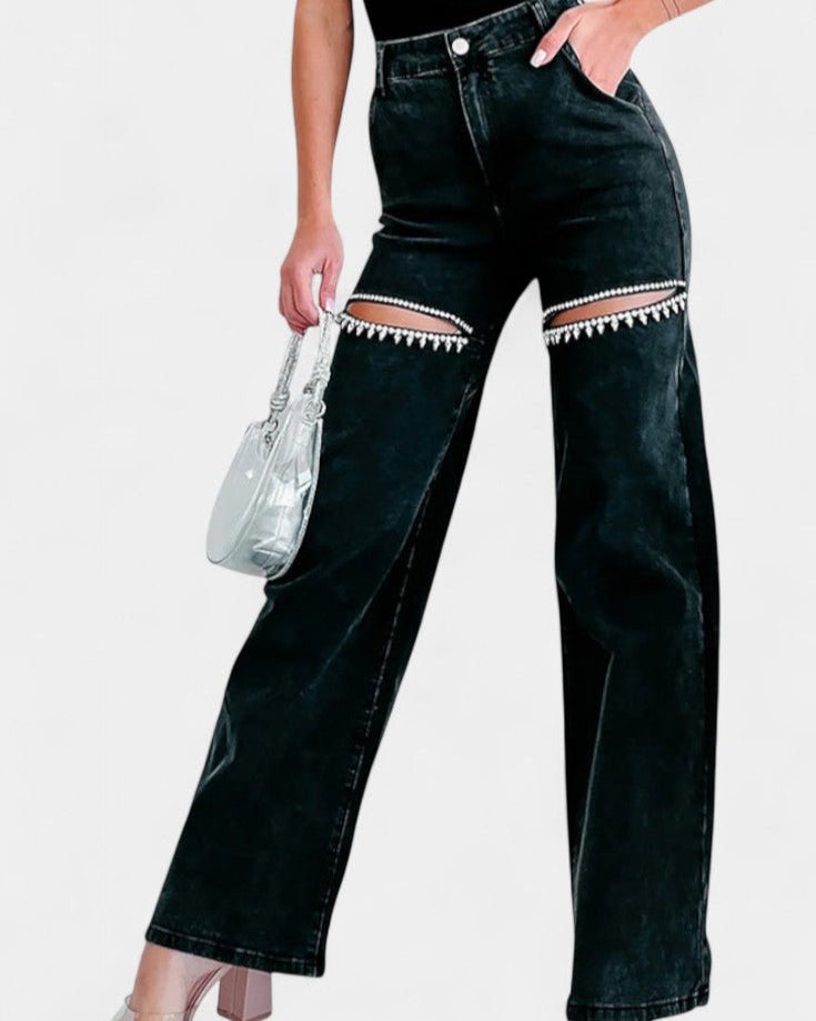 Højtaljede wide leg jeans i lyseblå til damer. Slidte trendy jeans med behagelig pasform og rå detaljer.