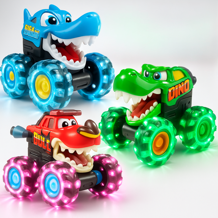 Lysende monstertruck med tryk-og-kør funktion for småbørn. Sjovt børnelegetøj der styrker motorikken.