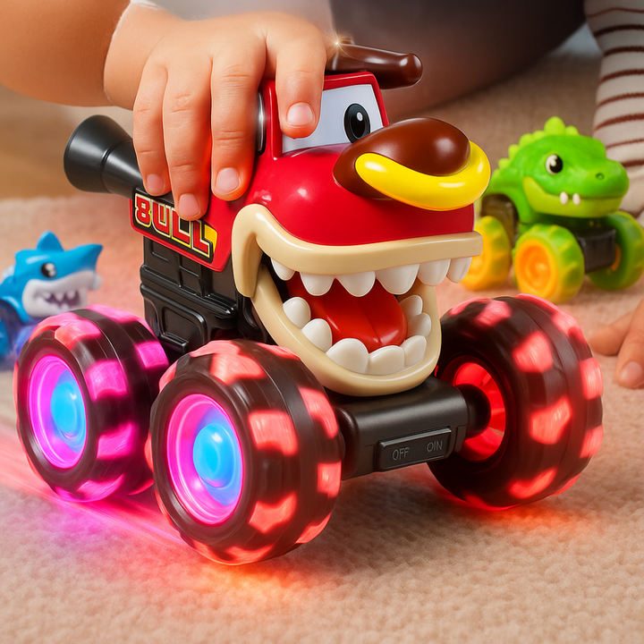 Farverig, lysende monstertruck til indendørs leg. Tryk-og-kør legetøj med seje lyseffekter, perfekt for børn.