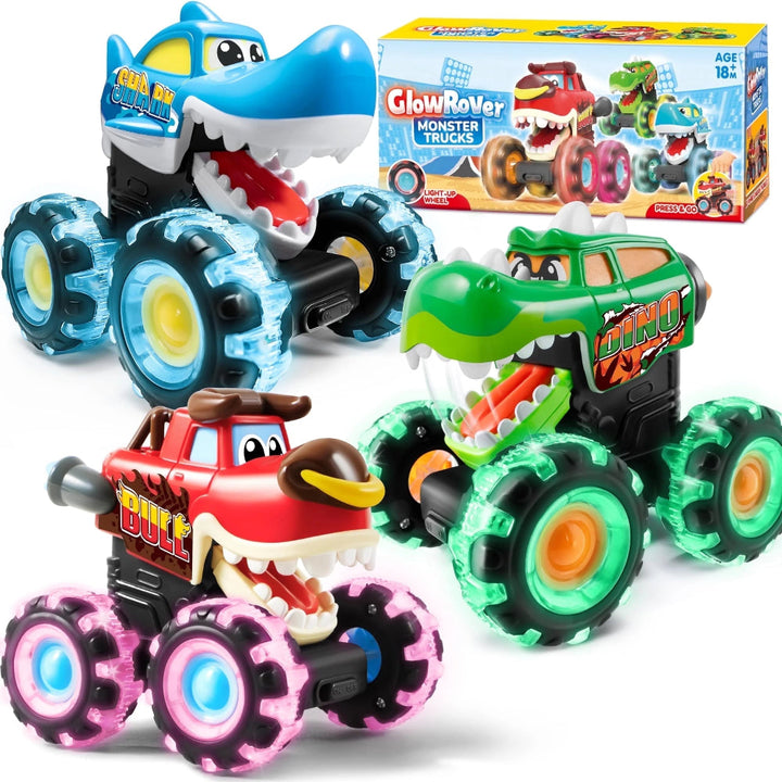 Et barn leger med en lysende monstertruck. Tryk-og-kør bil der fremmer motorik og pædagogisk leg for småbørn.