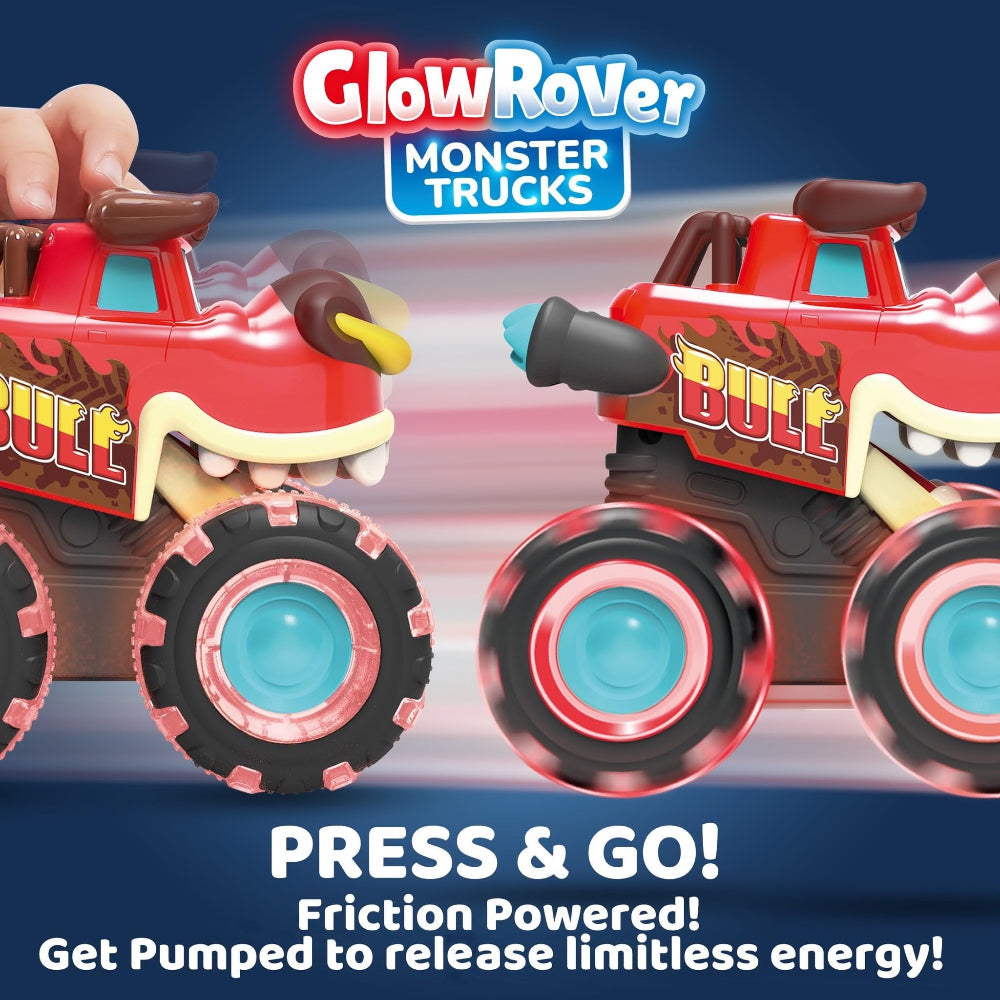 Sæt af lysende monstertrucks til børn. Tryk-og-kør biler der udvikler motorik og giver timevis af indendørs sjov.