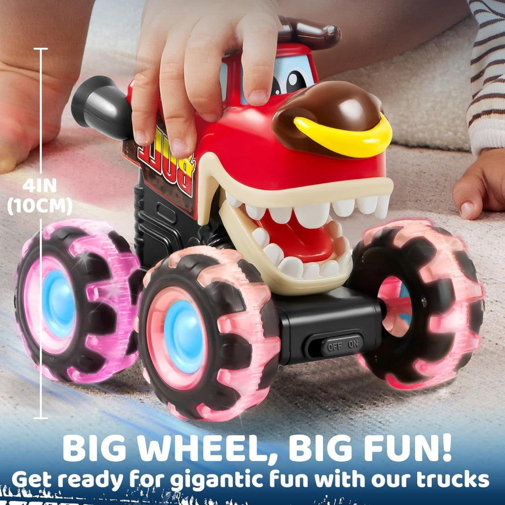 Pædagogisk lysende monstertruck som stimulerer motorik hos småbørn. Sjovt og sikkert børnelegetøj med lys.