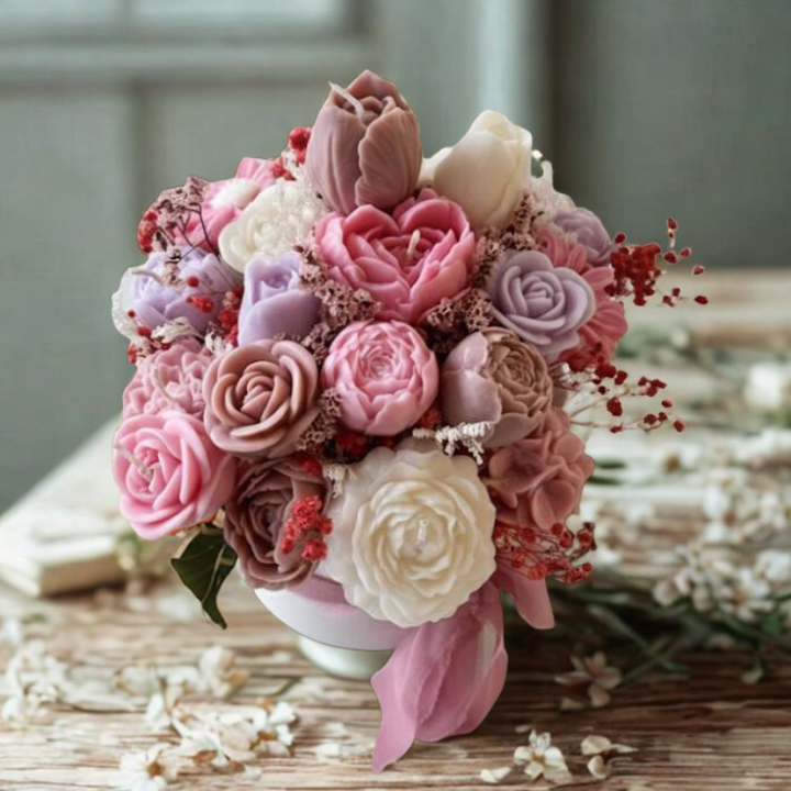 Smuk blomsterbuket i pink nuancer. Evighedsblomster som perfekt og vedligeholdelsesfri Mors Dag gave til mor.