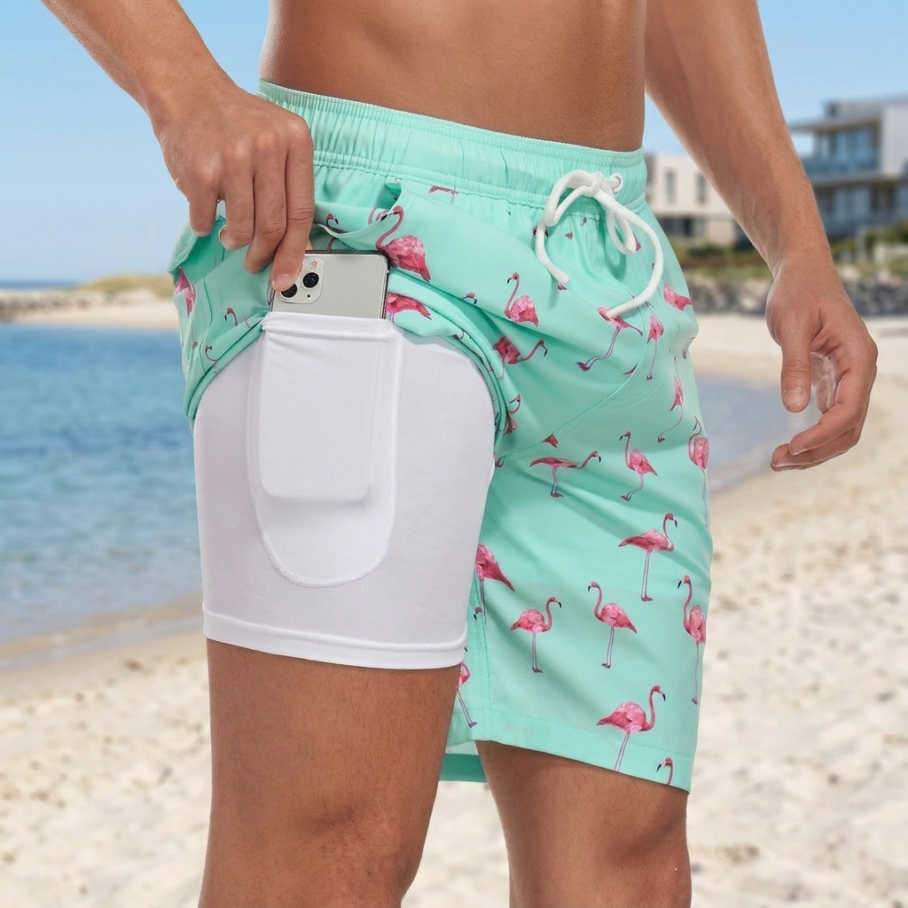 Badeshorts til mænd med støttende kompressionsforing. Hurtigtørrende og stilfuld til sommerens mange aktiviteter.