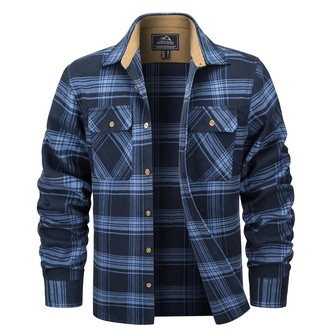 Blå/grøn ternet mænds foret flannelskjorte. Varm herreskjorte til casual mode & udendørs brug i kulden.
