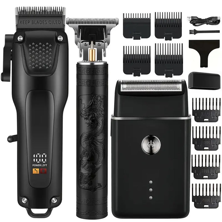 Mænds GroomMaster Pro 3-i-1 hår- og skægplejesæt. Professionel trådløs trimmer til styling og grooming.