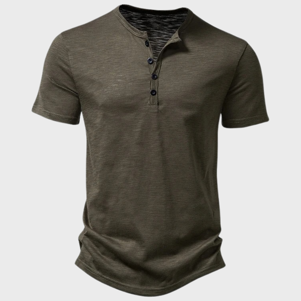 Mænds Henley t-shirt med knapper, korte ærmer. Afslappet casual stil til basisgarderoben.