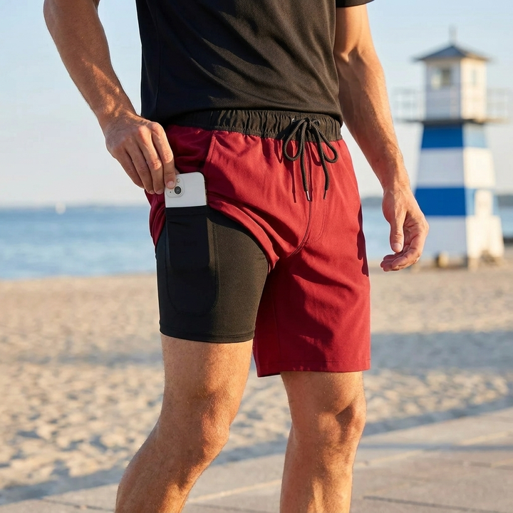 Mænds hurtigtørrende sportsbadebukser med indershorts. Ideel til svømning og strandtøj.
