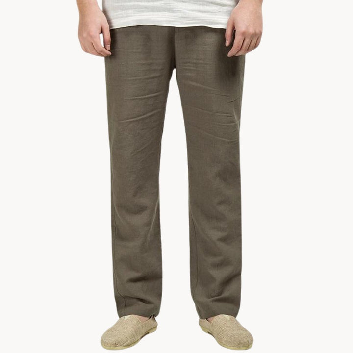Løs pasform hør herrebukser med lige ben og elastik talje; moderne casual stil til mænd.