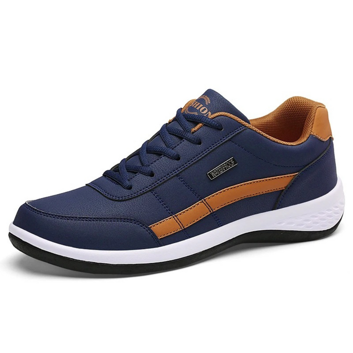 Mænds ortopædiske sneakers i sort, blå og hvid for optimal komfort, støtte og alsidig hverdagsstil.