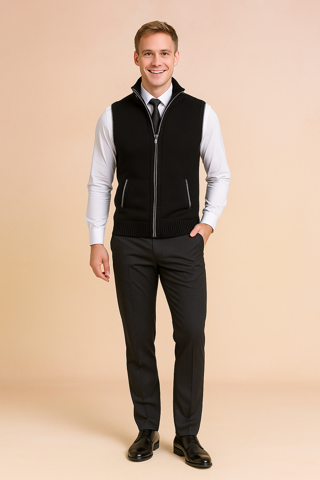 Smart herrevest/cardigan i ærmeløs design med lynlås. Perfekt til komfortabel hverdag og mode.