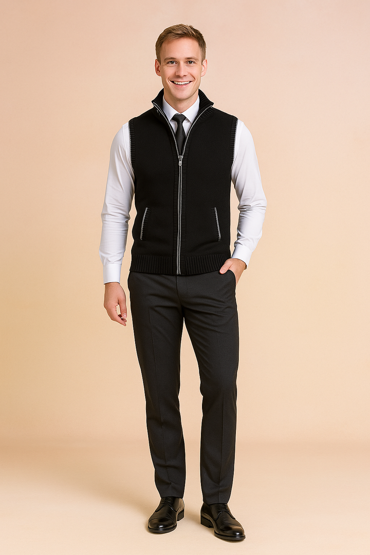 Smart herrevest/cardigan i ærmeløs design med lynlås. Perfekt til komfortabel hverdag og mode.