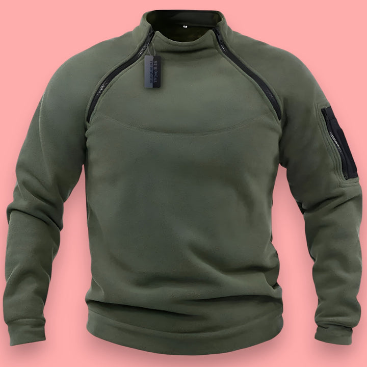 Mænds robust militær pullover med lynlås, varm til udendørs eventyr og casual vinterbrug. Stilfuld herremode.