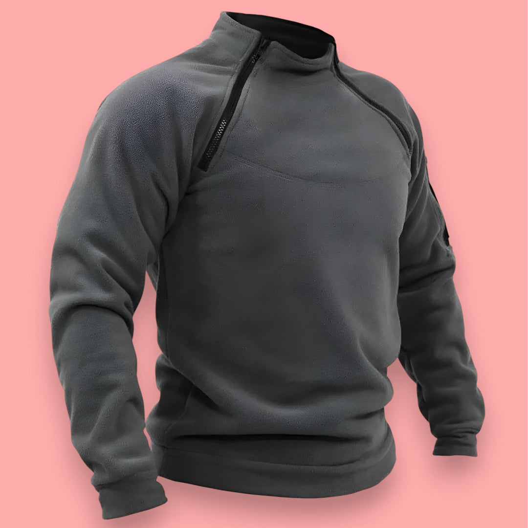 Robust herre taktisk pullover til friluftstøj; varm og komfortabel udendørs beklædning med lynlås.