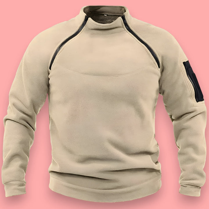 Tykkere militær-inspireret herre pullover, slidstærk og varm med praktisk lynlås, ideel til friluftsliv.