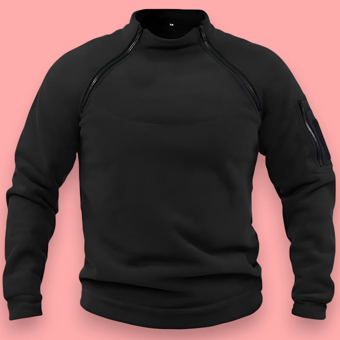 Varm lynlås pullover til mænd; en robust vintertrøje designet til udendørs eventyr og komfortabelt hverdagsbrug.