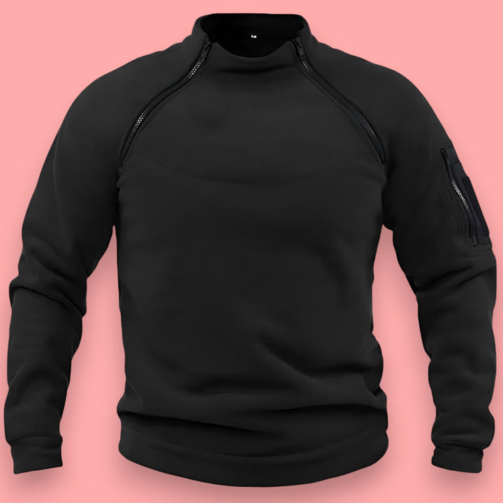 Varm lynlås pullover til mænd; en robust vintertrøje designet til udendørs eventyr og komfortabelt hverdagsbrug.