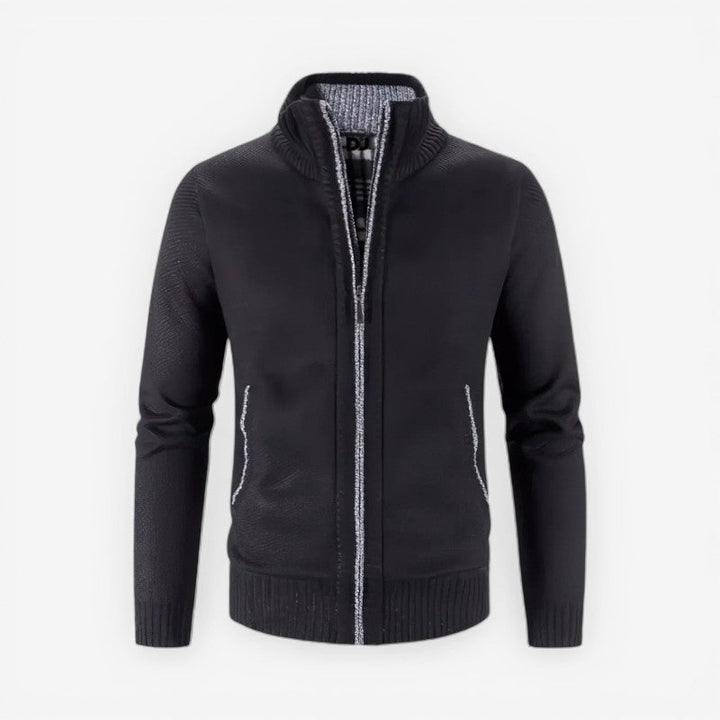 Moderne slim fit herre cardigan med lynlås, fremhæver en skarp silhuet.