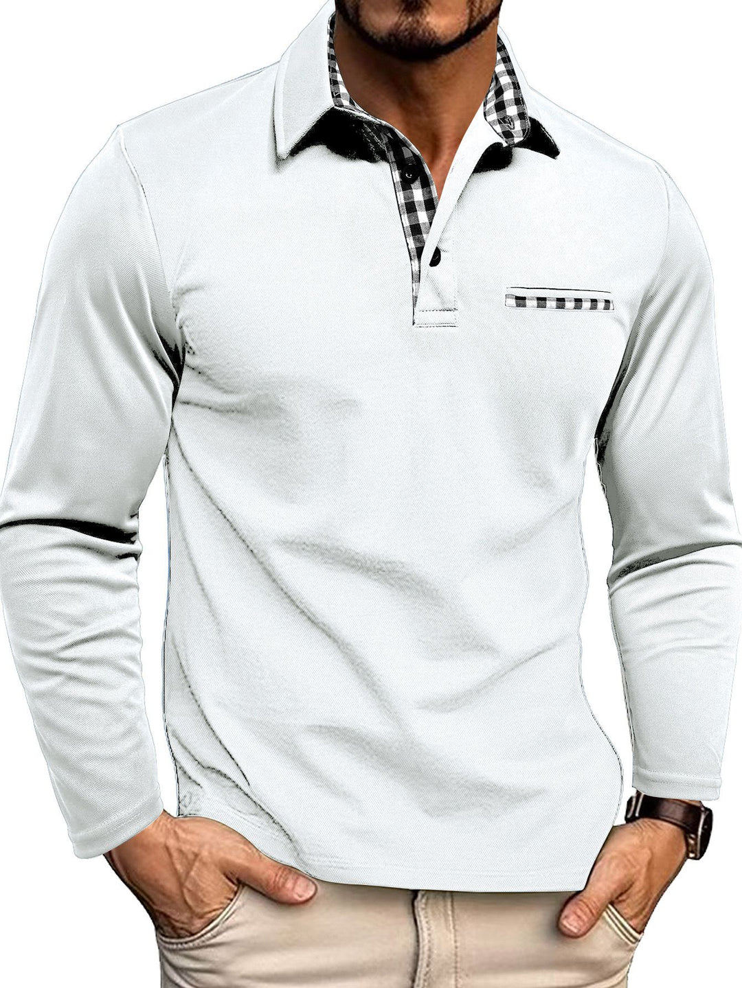 En tidløs mænds poloshirt med lange ærmer, slim fit og subtile ternede detaljer.