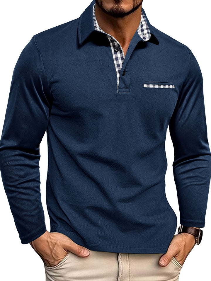 Elegant og moderne mænds poloshirt, lange ærmer, slim fit, med tern.