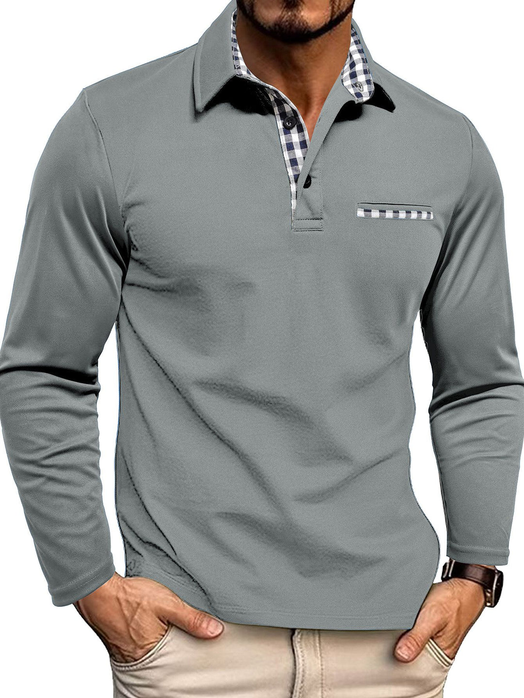 Behagelig slim fit poloshirt til mænd med lange ærmer, elegant ternet krave.