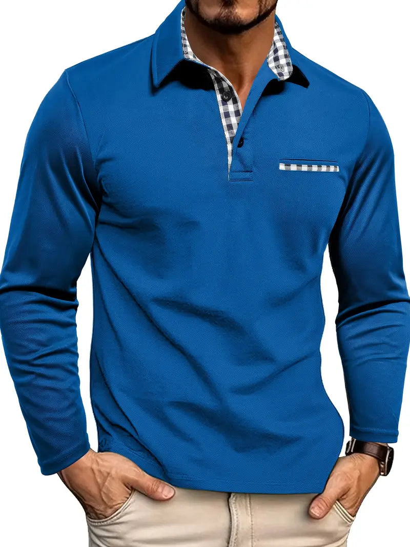 Herretøj: mørkeblå poloshirt med lange ærmer, ternede krave/manchetter, slim fit.