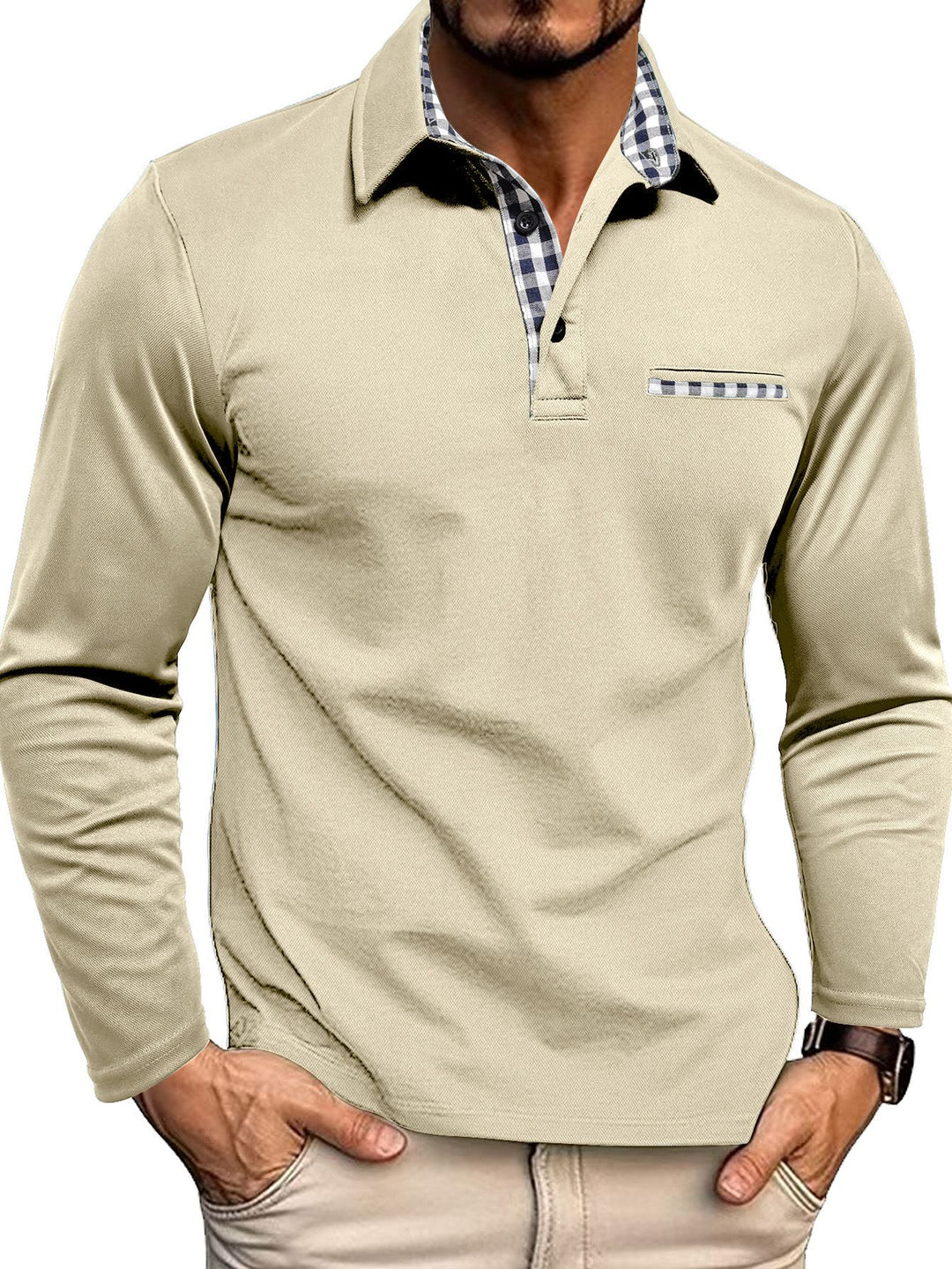 Alsidig mænds poloshirt, lange ærmer, slim fit, ternet design for elegant look.