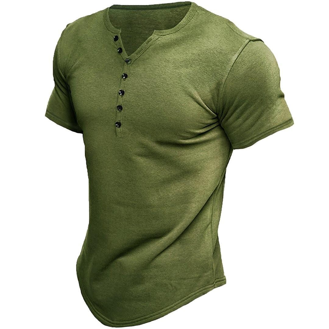 Stilfuld mænds slim fit T-shirt i khaki/olivengrøn med knapper, ideel til moderne casual brug.