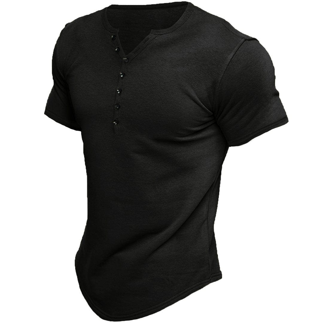 Blå mænds slim fit T-shirt med elegante knapper; alsidig og komfortabel til hverdagens stilfulde brug.