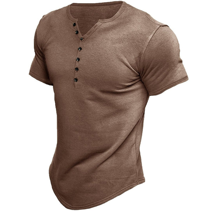 Sort mænds slim fit T-shirt med knapper, blød og moderne til en stilfuld og afslappet hverdag.