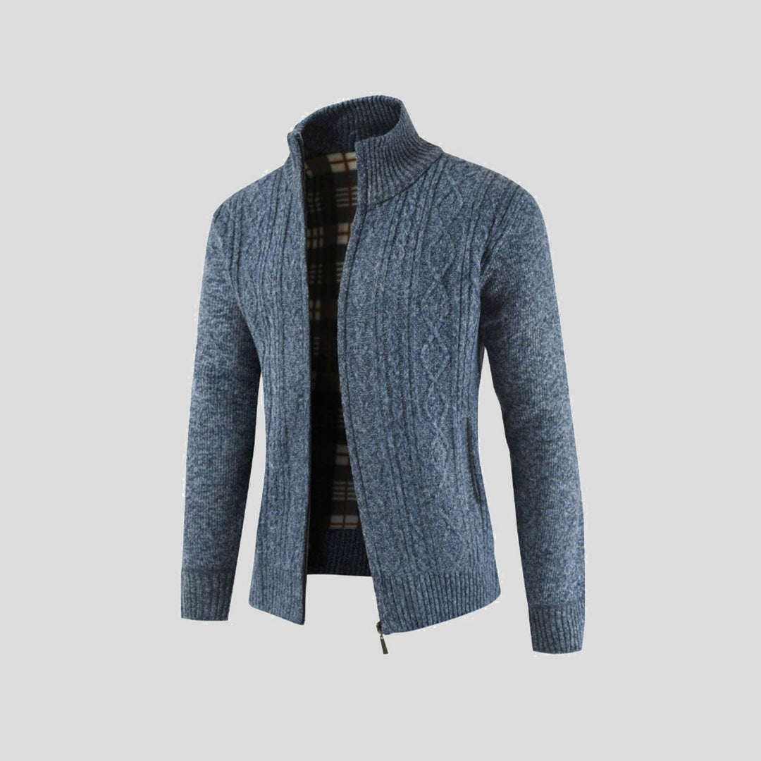 Varm langærmet herre cardigan, elegant design, perfekt til lag-på-lag eller som stilfuldt overtøj.