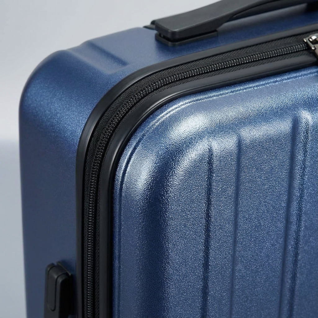 Robust hardcase kabinekuffert i mørkeblå med separate rum til laptop og tablet, perfekt til rejsen.