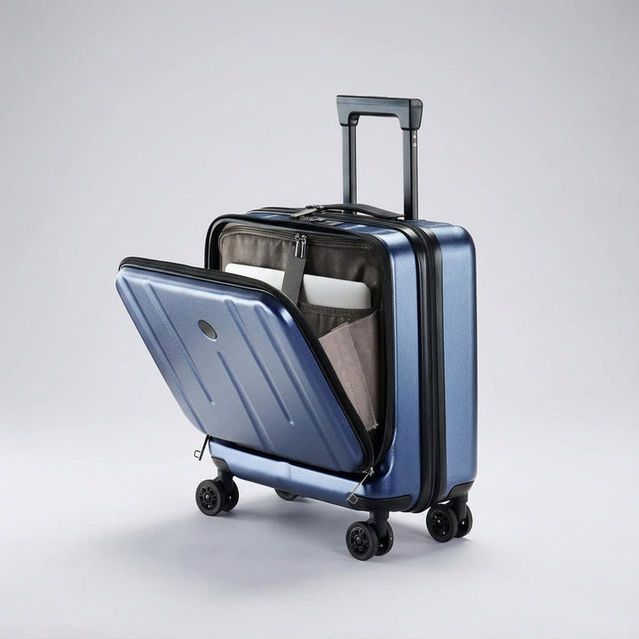 Kompakt rejsekuffert i mørkegrå med letløbende spinnerhjul og beskyttende laptoprum til håndbagage.