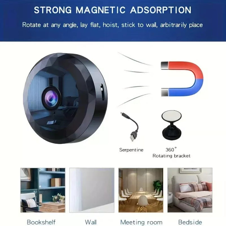 Magnetisk Mini WiFi-kamera med 1080P HD, nattesyn og magnetisk base til nem overvågning i hjemmet og på kontoret.