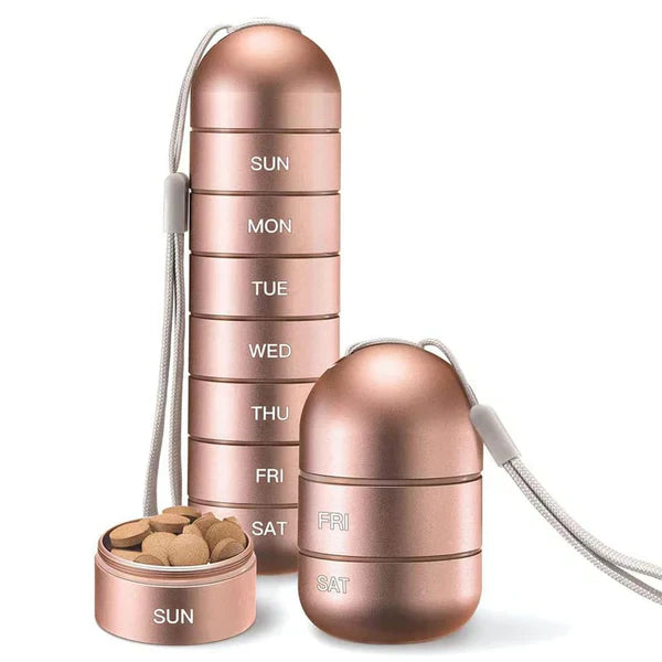 Sikker opbevaring af daglig medicin med denne vandtætte pilleboks i aluminium.