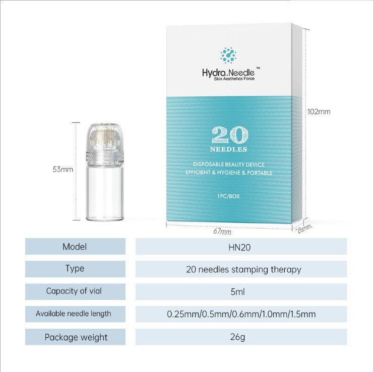 Microneedling Derma Stempel med 20 titanåle og serumflaske for glat, strålende hud og forbedret hudpleje.