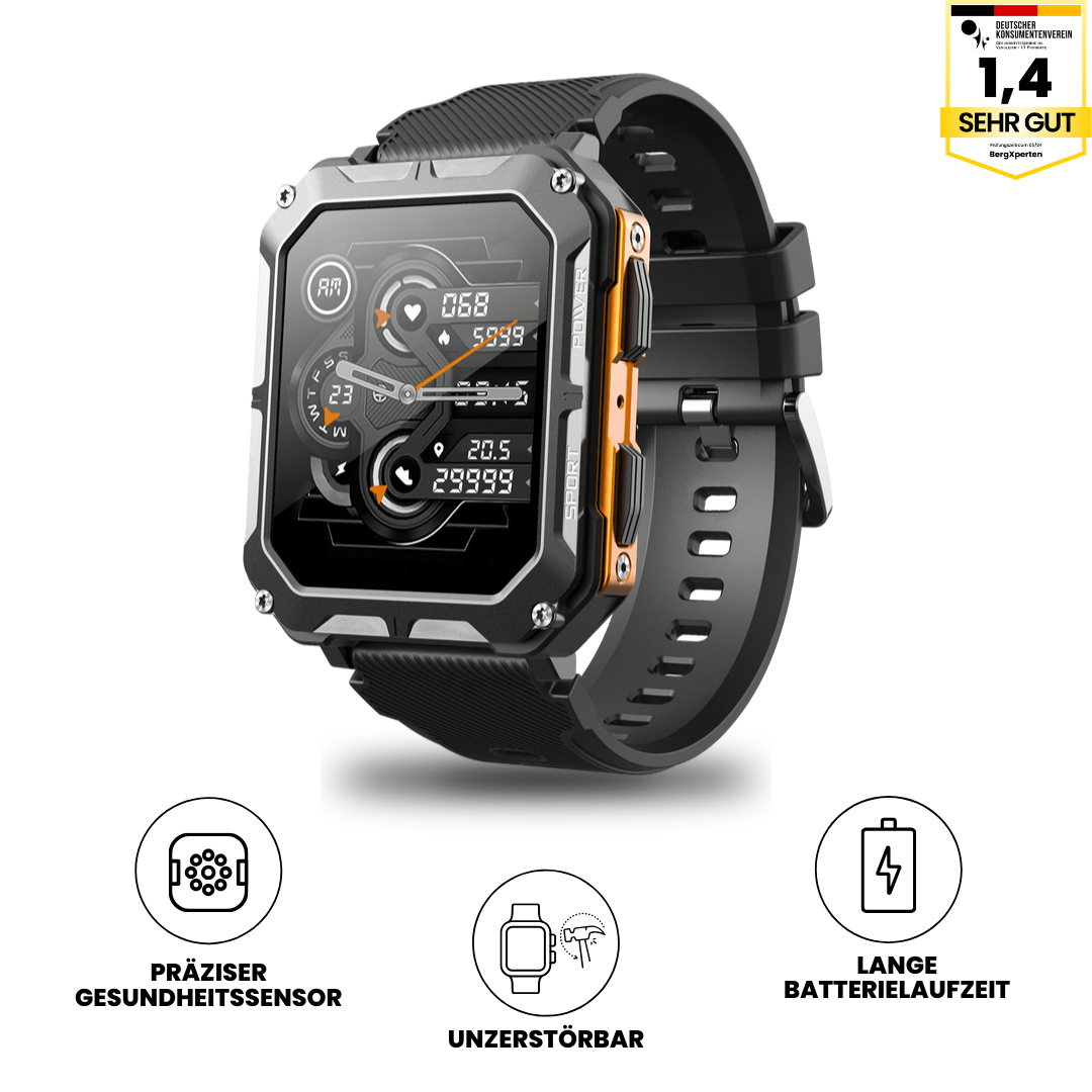 Militær smartwatch med metalramme, robust design, Gorilla Glass og sundhedsovervågning i vilde omgivelser.